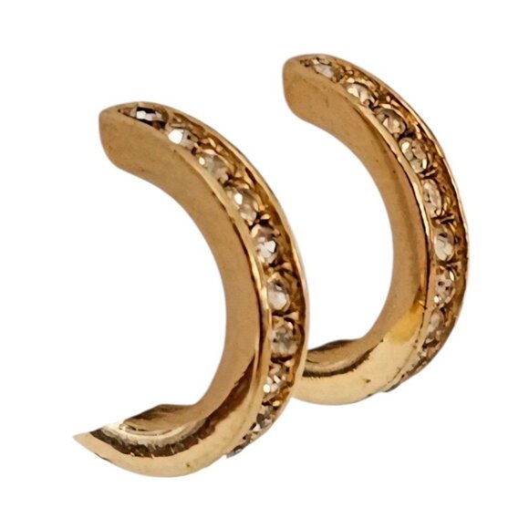Trifari Gold Tone Clear Rhinestone Hoop Clip On Earrings, Signed - Picture 3 of 8